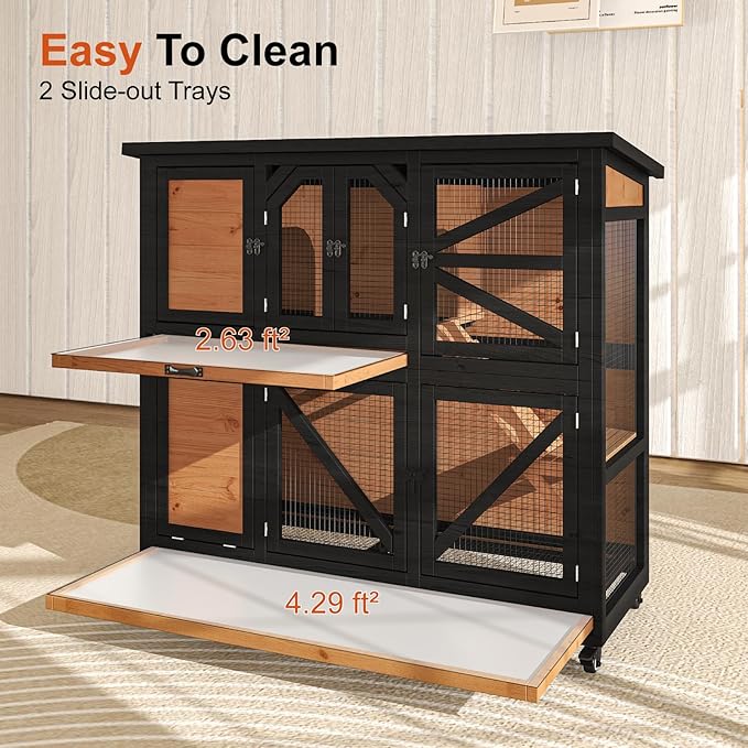 47.3" Two Story Rabbit Cage Bunny Cage Indoor, Wooden Rabbit Hutch Hamster Cages for Small Animals, Outdoor Guinea Pig Cages with Wheels & 2 Removable Trays & Bottom Wire Mesh-PawvioPets