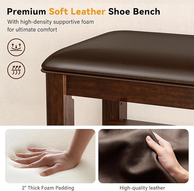 Entryway Shoe Storage Bench with Leather Cushion, Shoe Organizer Bench for Entryway, Ideal for Hallways Front Doors Entrances Mudrooms Featuring Rubberwood And 3 Height-Adjustable and Removable Shelve-PawvioPets