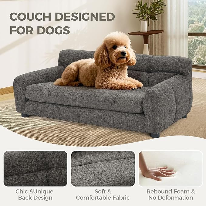 Dog Couch Bed, Mini Sofa for Dogs with Backrest and Armrest, Durable Pet Sofa with Soft Foam Cushion, Elevated Dog Couch Bed with Legs for Medium and Large Dogs, Stone Grey-PawvioPets