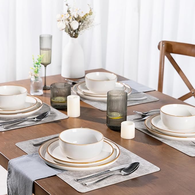 GBHOME Ceramic Dinnerware Sets for 4, 12 Pieces Stoneware Plates and Bowls Sets, Scratch Resistant Dishes, Dishwasher & Microwave Safe, Reactive Glaze-White-PawvioPets