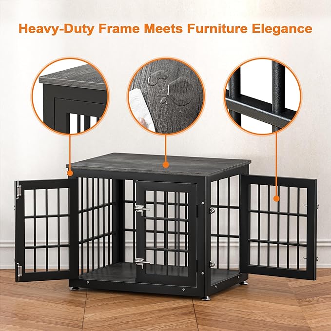 26 Inch Heavy Duty Dog Crate Furniture for Small Dogs, Decorative Pet House End Table, Wooden Cage Kennel Furniture Indoor, Gray-PawvioPets