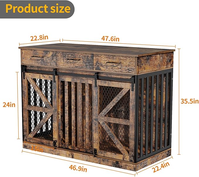 48'' Dog Crate Furniture with Removable Divider & Storage Drawers, Wooden Double Dog Cage TV Stand with 2 Sliding Barn Doors, Multi-Functional Dog Crate End Table for Indoor use (Retro Brown)-PawvioPets