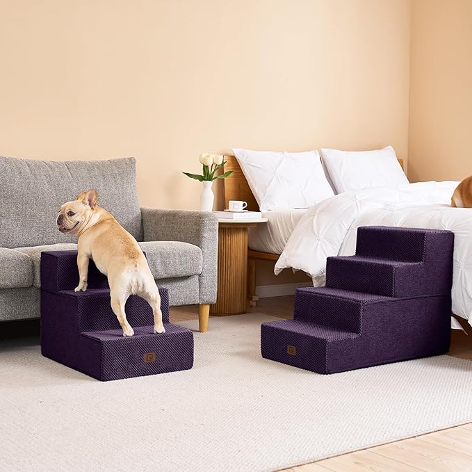 EHEYCIGA Dog Stairs for Bed 20" H, 4-Step Extra Wide Dog Steps for High Bed, Pet Steps for Small Dogs and Cats, Non-Slip Balanced Pet Ramp Indoor, Purple-PawvioPets