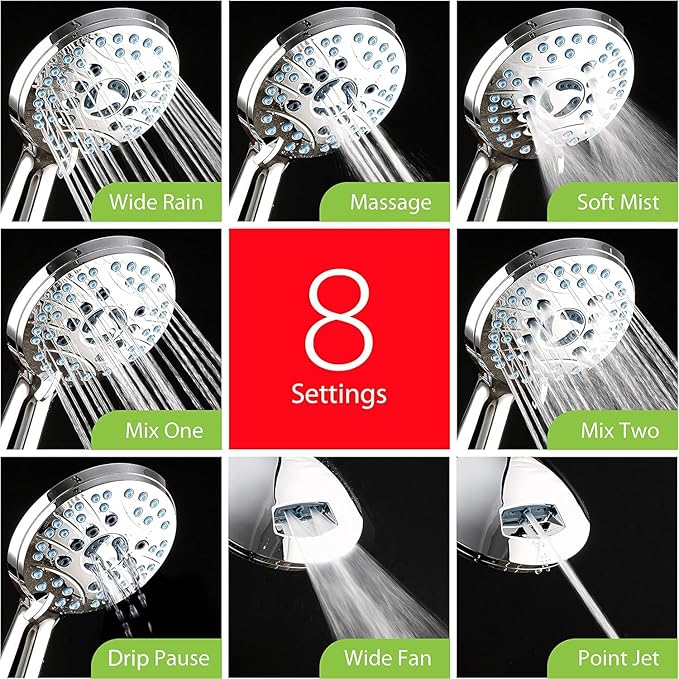 AquaCare High Pressure 8-mode Handheld Shower Head - Anti-clog Nozzles, Built-in Power Wash to Clean Tub, Tile & Pets, Extra Long 6 ft. Stainless Steel Hose, Wall & Overhead Brackets-PawvioPets