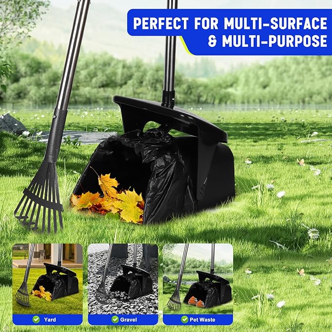 Dog Pooper Scooper with 20 Bag Attachment Long Handle Swivel Bin, Rake Heavy Duty Pooper Scooper for Large Medium Dogs Easy to Clean Poop Scooper for Yard, Grass, Gravel-PawvioPets