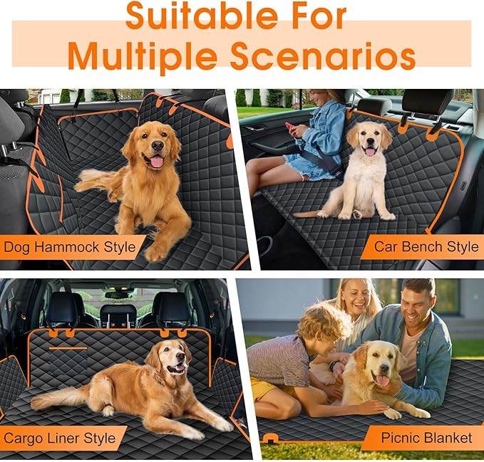 Dog Car Seat Cover, Durable Waterproof Scratch Proof Nonslip Dog Hammock, Back Seat Covers with Pocket for Cars SUVs and Trucks - S, Black/Orange-PawvioPets