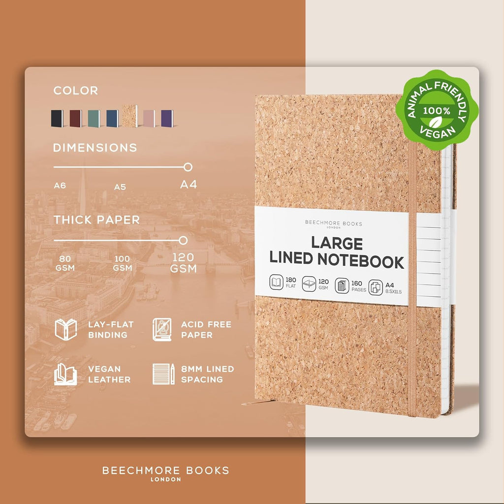 BEECHMORE BOOKS Lined Journal Notebook, 8.5 x 11.5 inch, A4 160 Lined Pages, Hardcover Leather Journals for Women, Men, Writing and Notebooks for Work - 120 GSM Thick Paper, Gifts Box Included