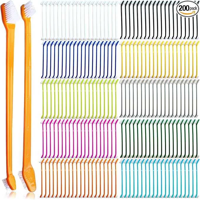 200 Pcs Dog Toothbrush Cat Tooth Brushes Bulk, Double Sided Brushing Kit, Teeth Cleaning Kit Soft Bristles Long Handle, Pet Tooth Brush for Small to Large Dog, Cat, Puppy & Kitten, 10 Colors-PawvioPets