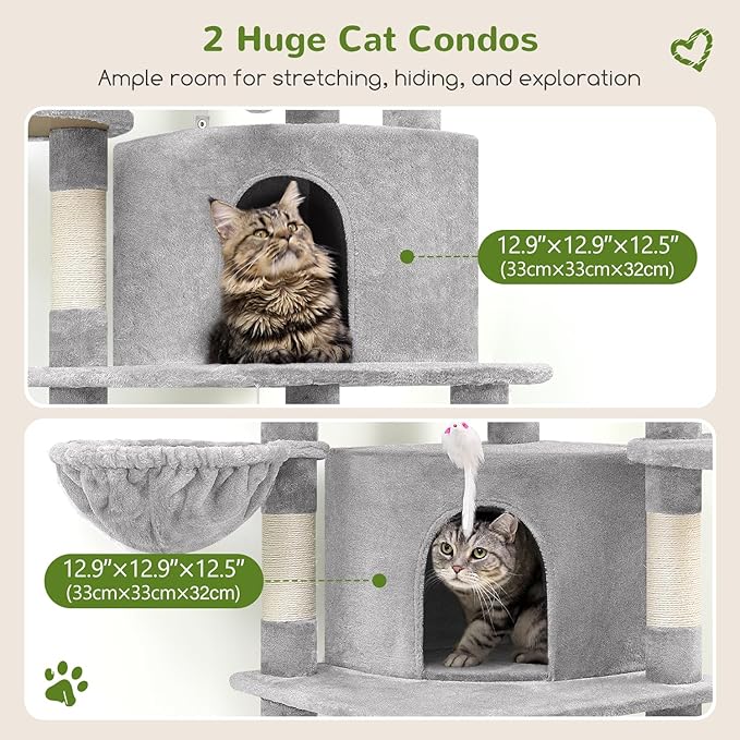 Globlazer Corner Cat Tree for Large Cats, 66inch Tall Curved Series Large Cat Tower for Multiple Indoor Cats with 6 Scratching Posts, 2 Spacious Cat Condos, Hammock, Hanging Basket, C66, Light Grey-PawvioPets