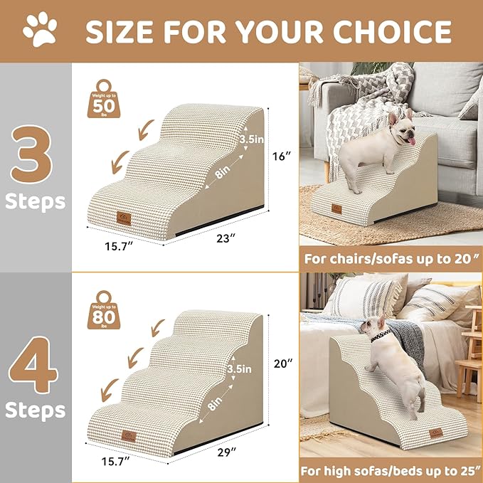 Dog Ramp and Stair for Bed 16" H-20 H,3-Step Cat Stair for Sofa and Chair,4-Step Dog Ramp for High Bed and Window,Durable Nonslip Fabric Cover for Indoor (Beige-16 H, Pet Friendly, 3)-PawvioPets
