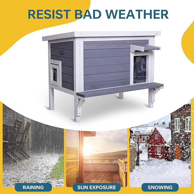 GEGURI Insulated Cat House Outdoor Weatherproof Feral Cat Shelter for Winter Large Wooden Enclosure with Escape Door-PawvioPets