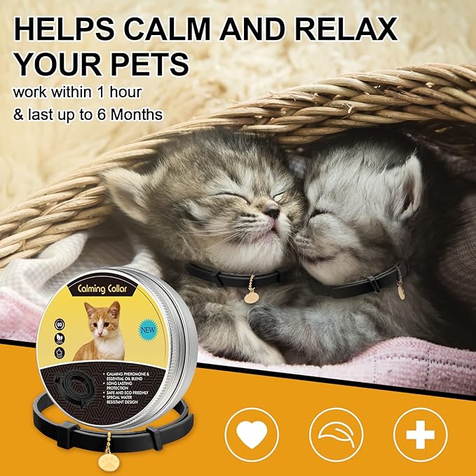 4 Pcs Cat Calming Collar Adjustable Lavender Scent Relaxing Cat Collar with 2 Pendant for Puppies Reduce Stress Aggression Anxious, up to 15 Inches(Black)-PawvioPets