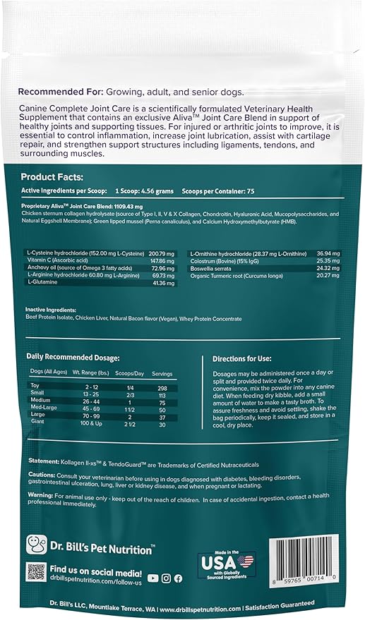 Dr. Bill’s Canine Complete Joint Care – Hip & Joint Supplement for Dogs for Mobility, Muscle Support & Inflammation Relief – Green Lipped Mussel, Chondroitin, Collagen, Omega-3 – Powder, 340g-PawvioPets