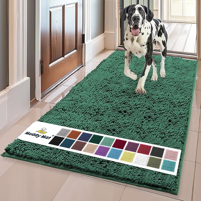 Muddy Mat® Shown on TV – Super Absorbent Door Mat Indoor, Microfiber Quick Dry Chenille Entryway Rug, Non-Slip Front Door Mat, Indoor Mats for Entryway, Machine Washable Pet Rug, Dark Green 36"x60"-PawvioPets