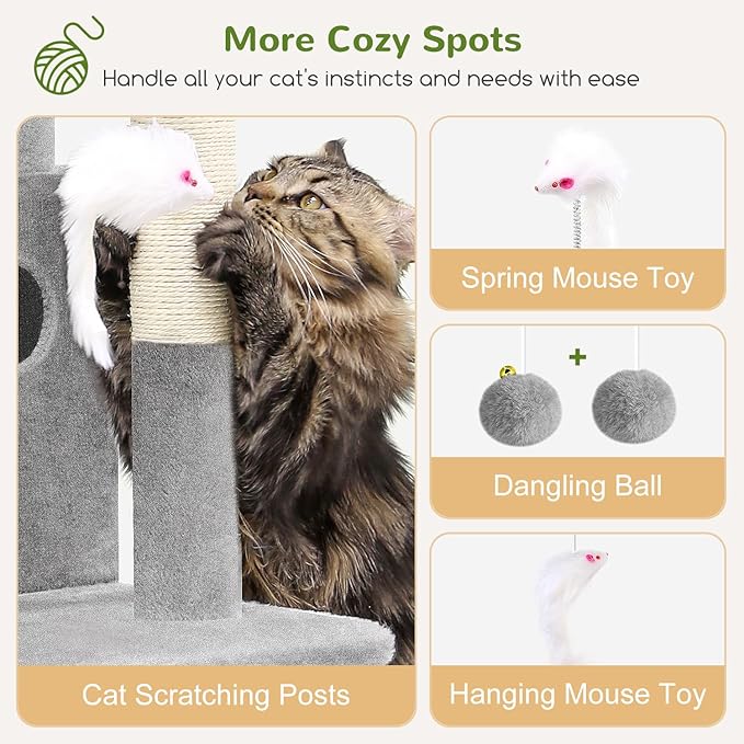 Globlazer Cat Tree Tower for Indoor Cats, 50-inch Adult Cat Tree House for Large Adult Cats with Steps, Scratching Post, 2 Cat Caves, Dangling Toys, FC50, Light Grey-PawvioPets