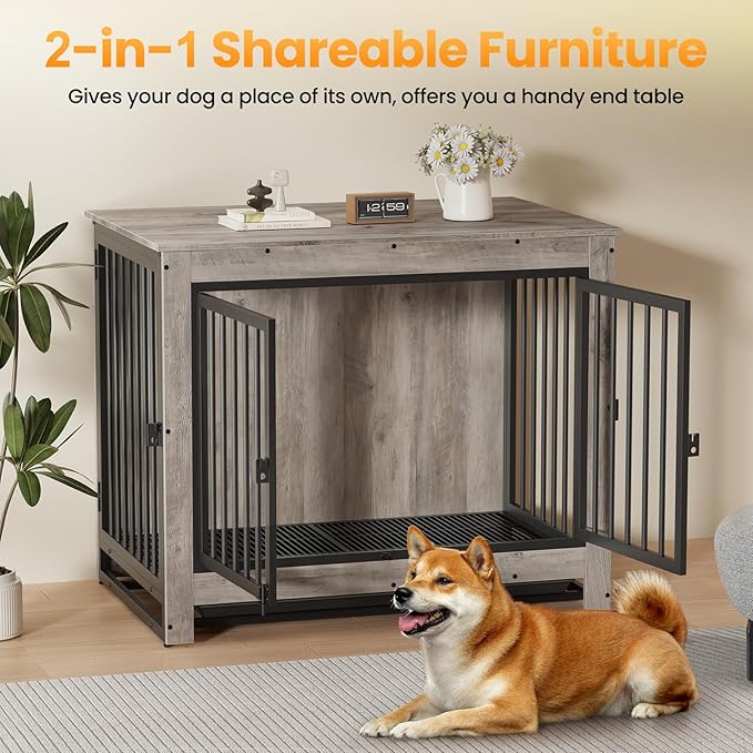 Dog Crate Furniture, Dog Crate End Table for Medium and Large Dogs,Wooden Cage Kennel Furniture Indoor, Modern Dog Crate with Multi-Purpose Removable Tray, Double-Doors Dog Furniture-PawvioPets