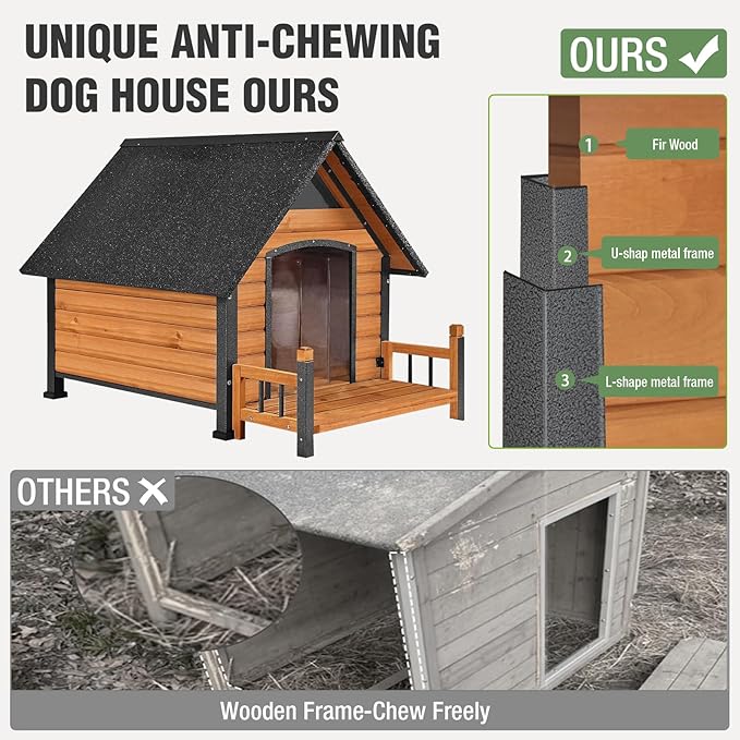 Dog House Outdoor Insulated for Winter, Puppy Kennel with Anti-Chewing Iron Frame, Weatherproof Dog Crate with Insulated Liner for Small Medium Large Dogs (Brown, 45" x 32.9" x 32.6")-PawvioPets