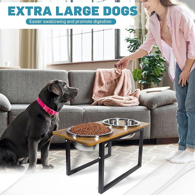 Elevated Dog Bowls for Large & Extra Large Breed Dogs - Raised Dog Feeding Station with Two Stainless Steel Bowls - Helps to Reduce Strain on Dog’s Neck & Joints - 3500 ML Capacity-PawvioPets