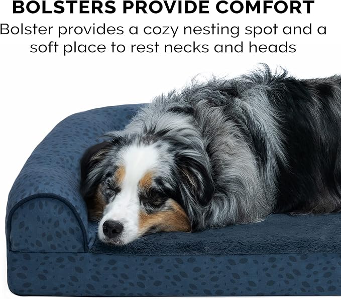 Furhaven Cooling Gel Dog Bed for Large Dogs w/ Removable Bolsters & Washable Cover, For Dogs Up to 125 lbs - Plush & Almond Print L Shaped Chaise - Blue Almonds, Jumbo Plus/XXL-PawvioPets