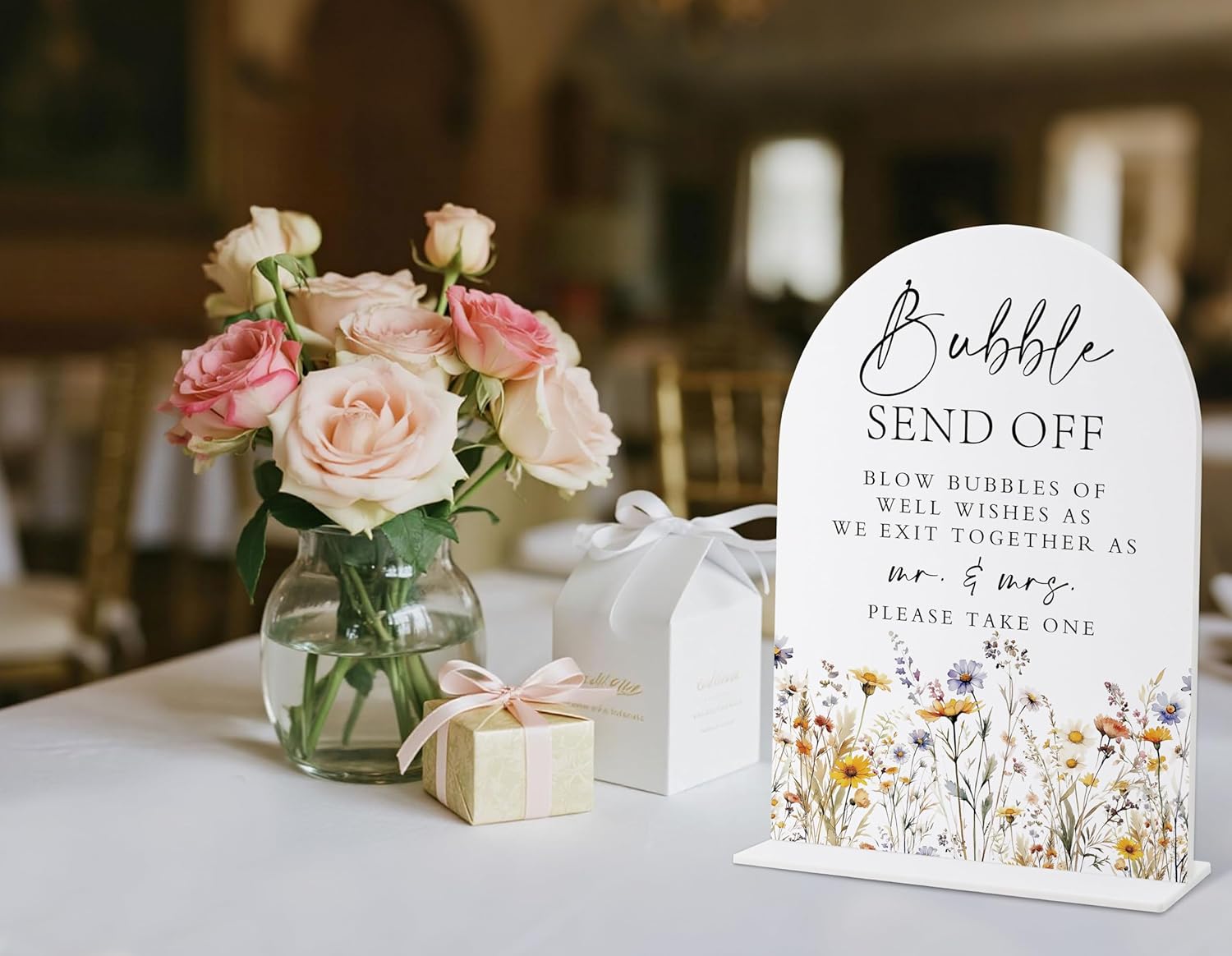 Wedding Signs for Ceremony and Reception, Boho Floral Acrylic Bubble Send Off Sign, Wedding Signage with Stand, Bridal Shower Table Centerpieces, Supplies for Engagement Reception and Event Party, 29