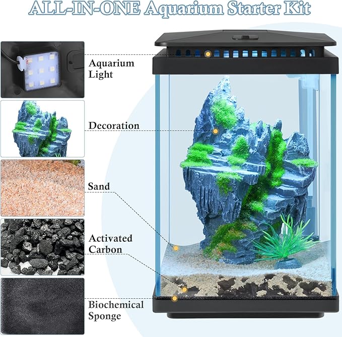 FEDOUR Small Glass Aquarium, 1 Gallon Desktop Fish Tank, Betta Fish Tank, Mini Aquarium Starter Kit with Air Pump LED Light Decoration Water Changer Fish Net (Black)-PawvioPets