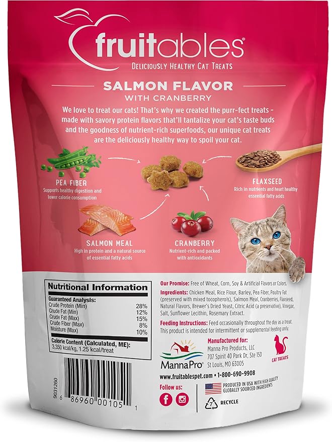 Fruitables Cat Treats Crunchy Salmon & Cranberry Cat Treats Healthy Low Calorie, High Protein Wheat, Corn & Soy Free 30 Ounces-PawvioPets