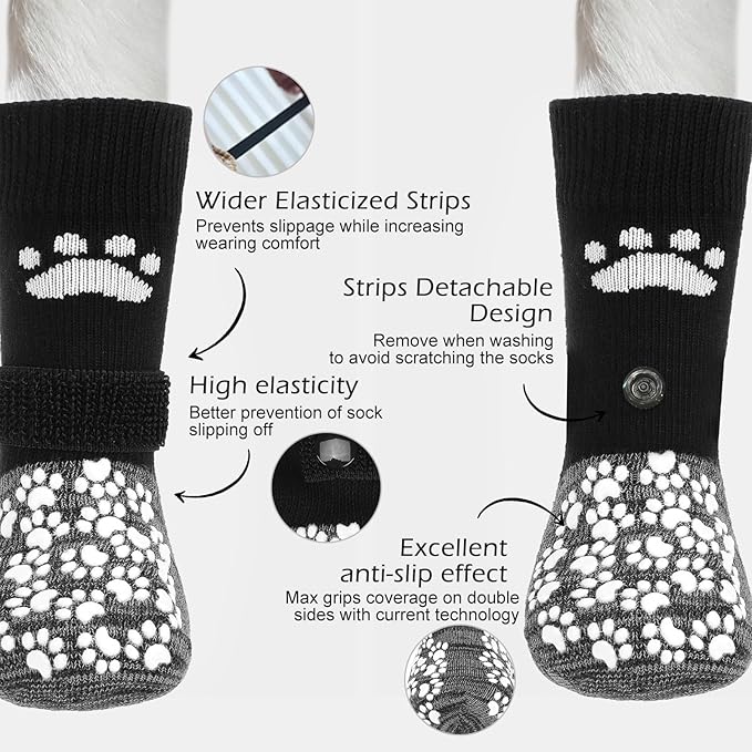 EXPAWLORER Anti Slip Dog Socks to Prevent Licking Paws, Shoes for Hot Pavement, Dog Booties for Small Medium Large Senior Dogs, Traction Control Boots & Paw Protectors for Hardwood Floors Black&Grey-PawvioPets
