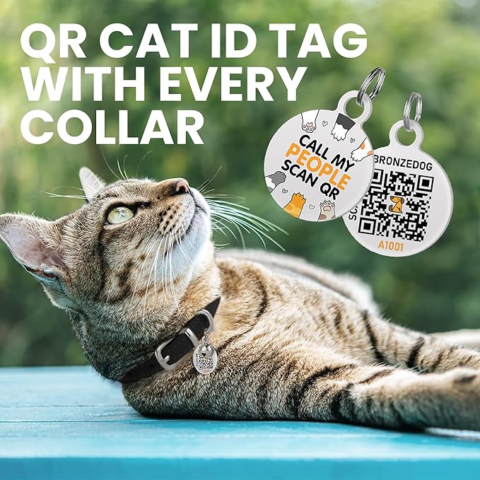 BRONZEDOG Leather Cat Collar with Removable Bells Non Breakaway Kitten QR Tag for Girl Boy (7" - 9" for Cats, Black & Silver)-PawvioPets