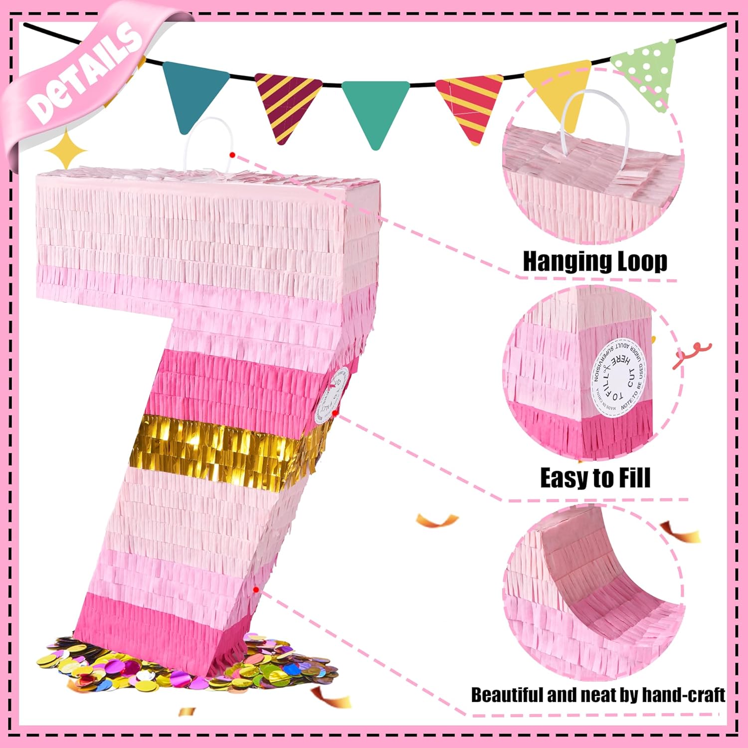 PCFING 20 Inch Number 7 Piñata Pink Gold with 30 Inch Piñata Stick Blindfold Confetti for Boys Girls Adults Birthday Party Decorations, Anniversary Celebration, Fiesta