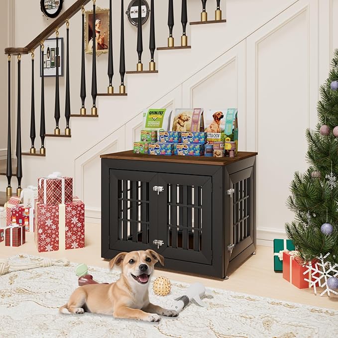 32" Heavy Duty Dog Crate Furniture for Small,Medium and Large Dogs,Rustic Wooden Dog Cage Kennel Indoor Furniture with Waterproof Top,Decorative Pet House Side End Table (Black & Wood)-PawvioPets