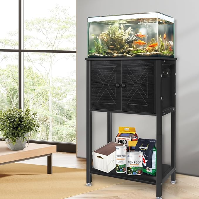 5-10 Gallon Fish Tank Stand, Heavy Duty Aquarium Stand with Cabinet & Power Outlets for Fish Tank Accessories Storage, Double Tank Stand 20.5" L* 11" W Tabletop, 220LBS Capacity Black-PawvioPets