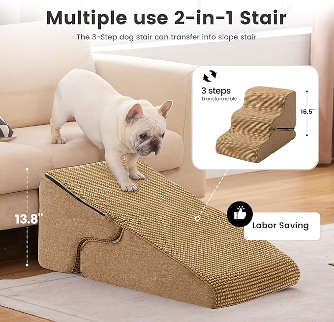 Gardner Pet Dog Stairs for Small Dogs 16.5" H, 2 in 1 Transformable 3-Step Pet Stairs and Dog Ramp for Couch (13-20 in), Brown Adjustable Pet Steps with Non-Slip Waterproof Cover and CertiPUR-US Foam-PawvioPets