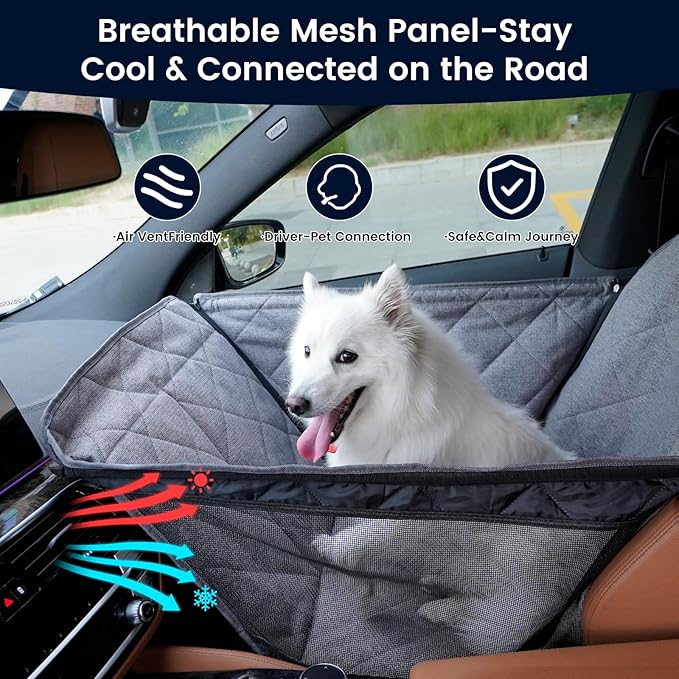Dog Car Seat for Small/Medium Dogs with Door Protection – Full Coverage Pet Booster Seat with Mesh Window, Zippered Side Flaps, Safety Buckle, Grey Linen Fabric-PawvioPets