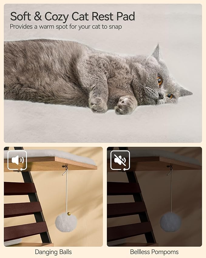 FourFurPets 72.4" Cat Tree, Modern Cat Tower for Indoor Cats, Multi-Level Cat Condo with Caves, Tall Cat Tree with Cat Scratching Board, Wooden Cat Tower with Large Perch, Removable Pads, Camel Brown-PawvioPets