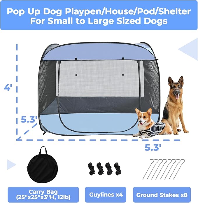 EighteenTek XLarge Popup Portable Dog Houses, 5.3'x4'H Assembly-Free Gazebo-Style Dog Cot Cat Playpen Screen Pet Tent Sun Shade Shelter Dog Bed with Canopy for Outdoor, Anti-Bugs with Leakproof Bottom-PawvioPets