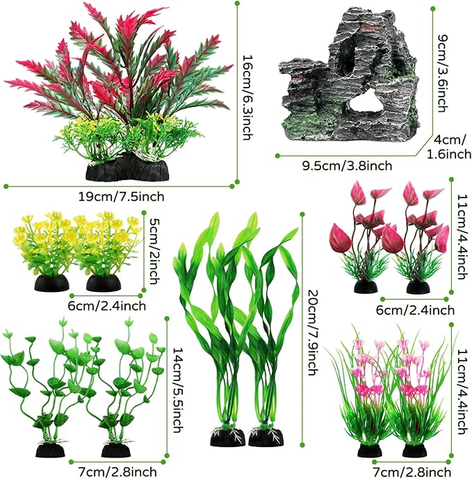 Fish Tank Accessories Aquarium Plants, 12pcs Colorful Fish Tank Artificial Plants and Cave Rock Decor Set, Aquarium Decorations Plants-PawvioPets