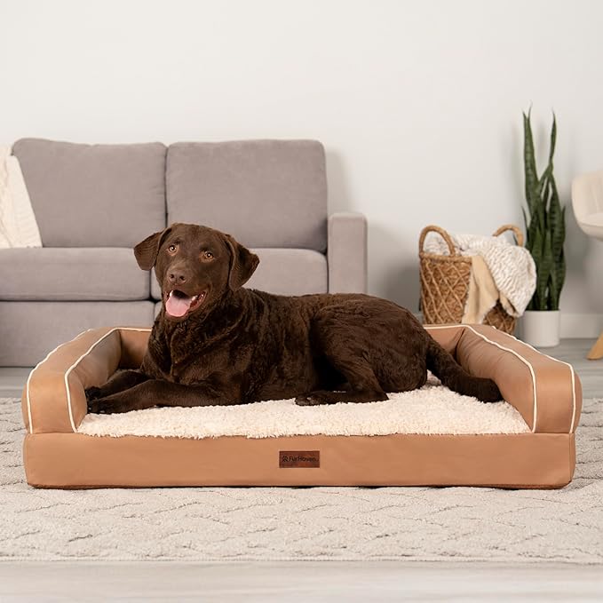 FurHaven Orthopedic Dog Sofa Bed – Memory Foam Couch with Bolsters, Textured Plush & Water-Resistant Cover, Washable Cover, Joint Support - Camel, Jumbo-PawvioPets