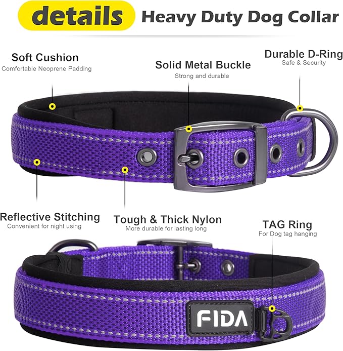 Fida Heavy Duty Dog Collar, Ultra Comfortable Soft Neoprene Padded, Adjustable Reflective Nylon Pet Collar with Durable Metal Belt Buckle for Medium Breeds (M, Purple)-PawvioPets