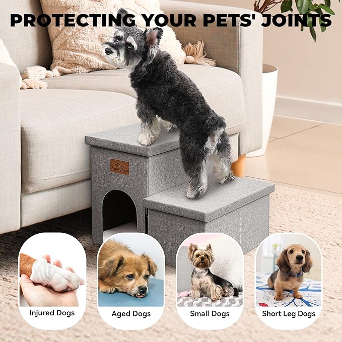 Dog Stairs 15" H, 2-Step Wider Dog Steps for Small/Medium/Large Old Dogs Cats, Folding Sturdy Storage Pet Stairs Climbing Bed Couch, Dog Ramp for Car Hold Up to 150 lbs(Gray, with Condo)-PawvioPets