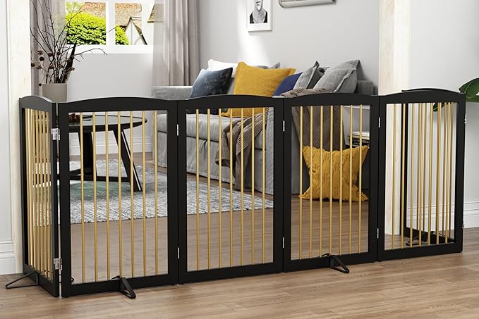Freestanding Pet Gate for Dogs, Indoor Wooden Dog Gate for House, Extra Wide Dog gate, Foldable Dog Gate for Stair, Doorway, Hall, Support Feet Included, 120 Inch Wide, 6 Panels 32",Black&Gold-PawvioPets