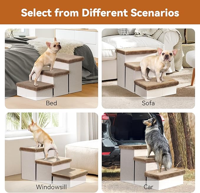 Dog Stairs with Furry Lids 18" H, 3-Step Wider Dog Steps with Storage for Small/Medium/Large Old Dogs Cats, Folding Sturdy Pet Stairs Climbing Bed Couch, Ramp for Car Up to 200 lbs, Khaki-PawvioPets