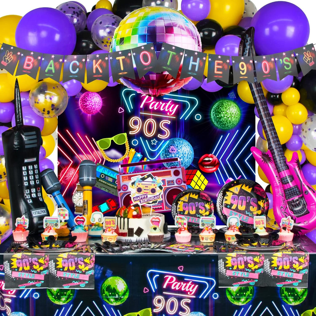 90s Party Decorations 80's 90's Theme Party Bundle includes Inflatable Gitar&Mobile Phone, Back To The 90's Banner, Tablecloth, Cake Toppers, Plates, Napkins, Hip-Hop Backdrop