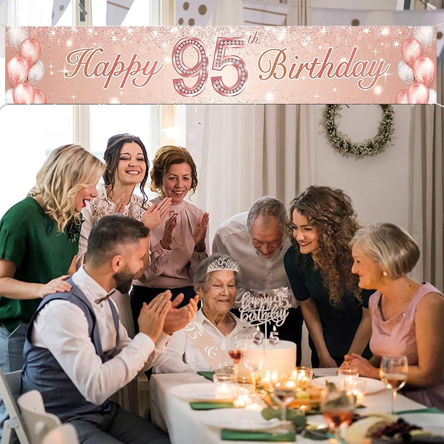 95th Birthday Decorations for Women Including Birthday Sash, Crown, Numeral Candles and Cake Topper, Rose Gold Party Decor Supplies