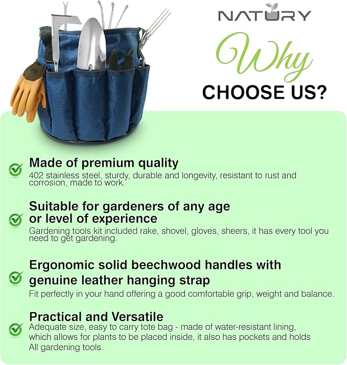 Garden Tools Set – Premium Stainless Steel Gardening Hand Tools with Solid Beechwood Handle – Gardening Kit with Rake, Shovel, Gloves, Shears, Tool Organizer – Garden Gifts for Women and Men-PawvioPets