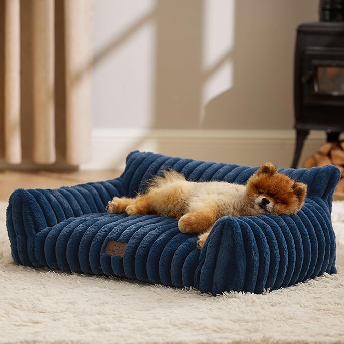 Bedsure Cute Cat Couch for Pets - Fluffy Small Dog Sofa with Premium Soft Corduroy Fleece, Pet Sofa with Removable Washable Cover, Supportive Dog Couch Bed for Small Medium Dogs, 30inch, Night Blue-PawvioPets