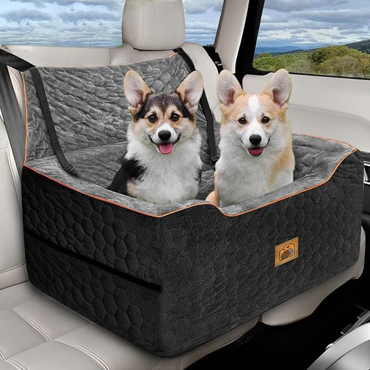 Dog Car Seat for Medium/Large Dog Booster Seat for Dogs Under 60 lbs or 2 Small Dogs, Multi-Functional Pet Car Seat with Thick Cushion, 2 Safety Leashes (BlackGray)-PawvioPets