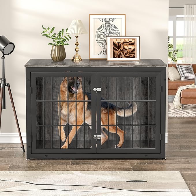 48" Heavy Duty Dog Crate Furniture for Extra Large Dogs, Metal Cage for High Anxiety Dogs, Wooden Kennel Furniture Indoor, Decorative Dog Kennel End Table, XL-PawvioPets