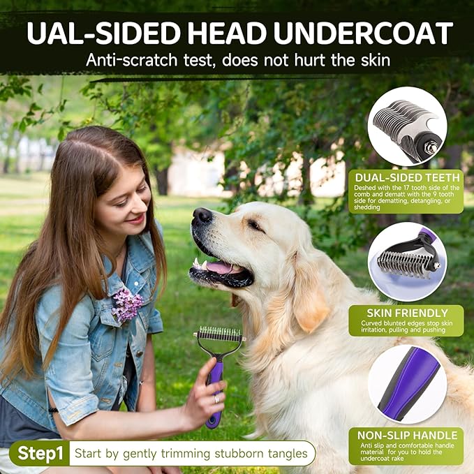 Dog Brush Kit – 3 PCS Grooming Set with Self-Cleaning Brush, Undercoat Rake & Pet Bath Brush. Great for Shedding, Tangles & Dirt Removal – Ideal for Long & Short Haired Dogs & Cats, Green-PawvioPets