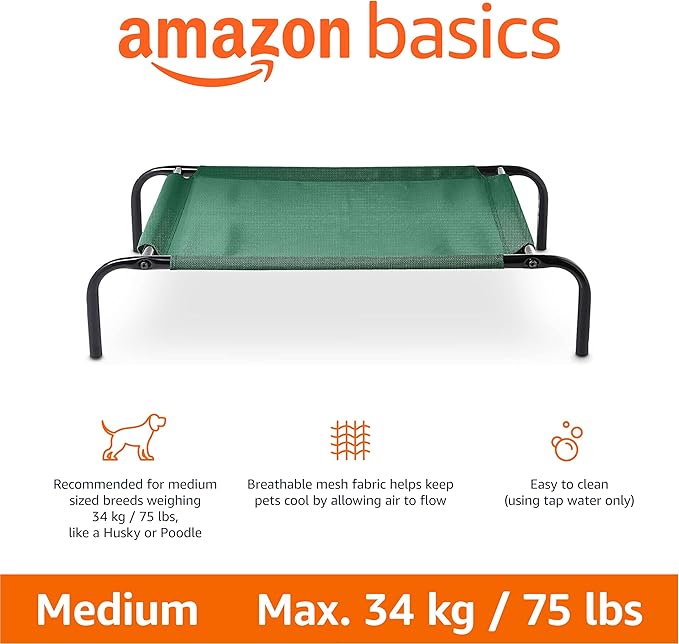 Amazon Basics Cooling Breathable Elevated Dog Bed with Metal Frame for Medium Dogs, 43 x 26 x 7.5 Inch, Green-PawvioPets