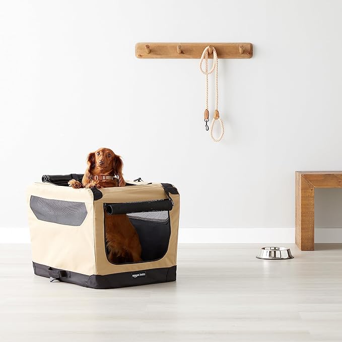 Amazon Basics 2 Door Foldable and Portable Travel Pet Kennel for Cat, Dog, Rabbit, 26 inch, Tan, S 26" x 18" x 18"-PawvioPets